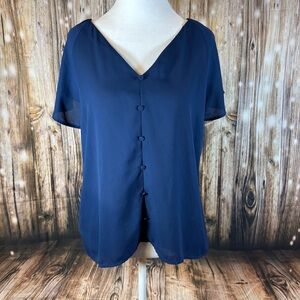 Ann Taylor Factory Top Blouse M Navy Blue Mock Button Front Flowy Semi Sheer
